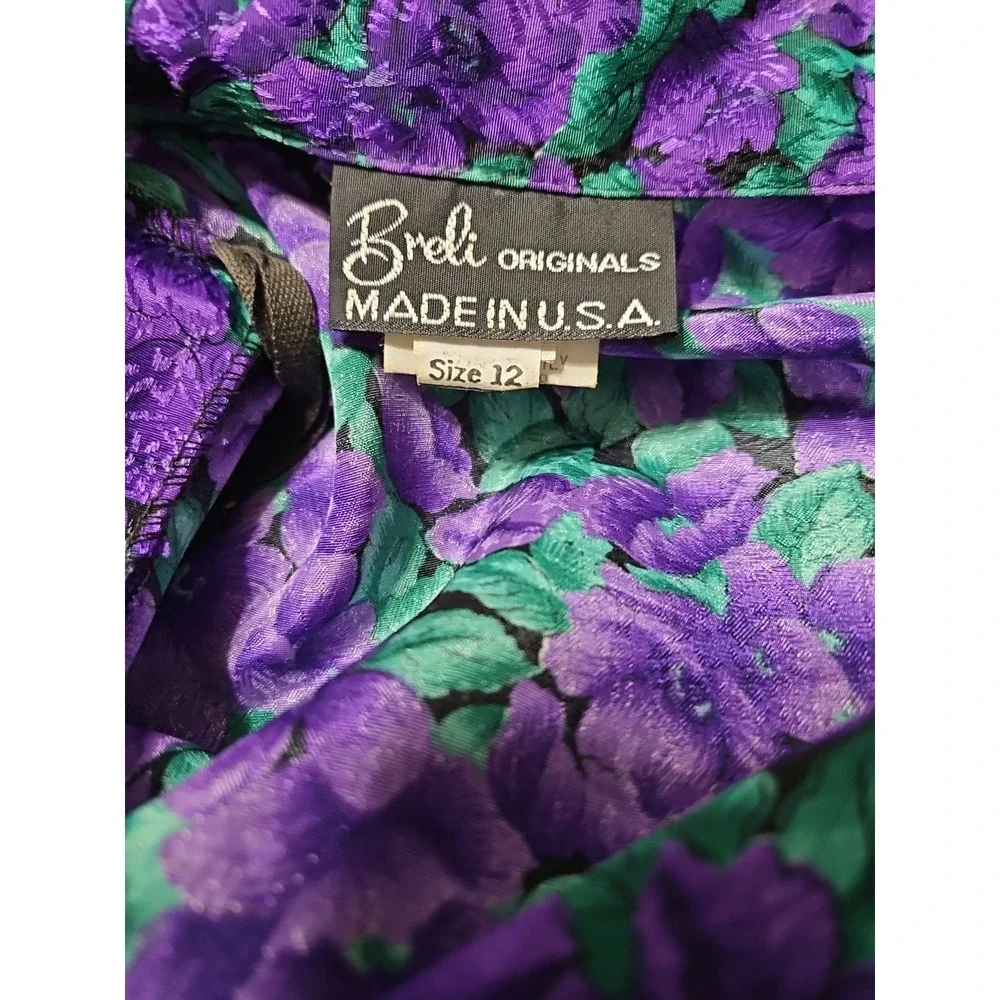 Vintage 80's Breli Original‎ Green & Purple Floral Belted Dress Size:12